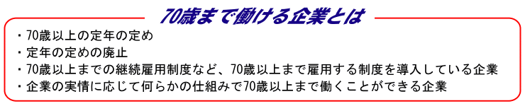 �u70�΂܂œ������ƂƂ́v�@�E70�Έȏ�̒�N�̒�߁@�E��N�̒�߂̔p�~�@�E70�Έȏ�܂ł̌p���ٗp���x�ȂǁA70�Έȏ�܂Ōٗp���鐧�x�𓱓����Ă����Ɓ@�E��Ƃ̎���ɉ����ĉ��炩�̎d�g�݂łV�O�Έȏ�܂œ������Ƃ��ł�����